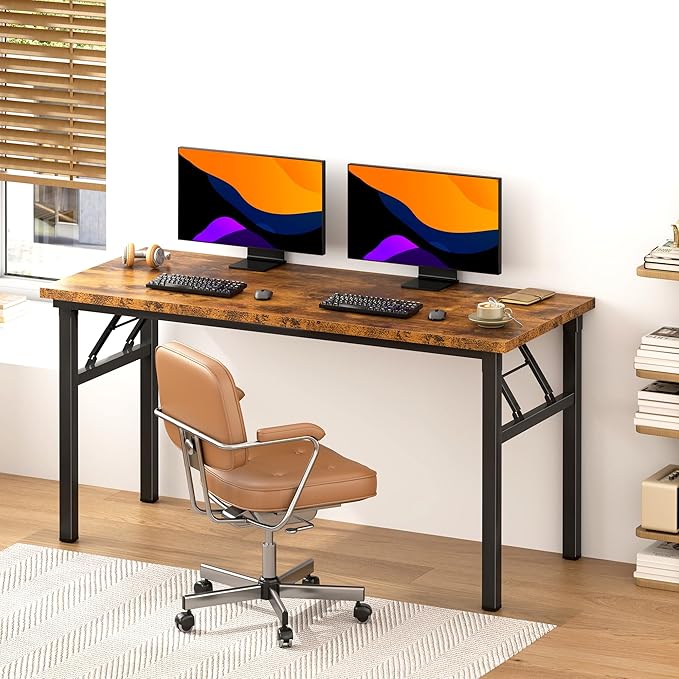 Need Office Computer Desk - 54.3L Sturdy and Heavy Duty Folding Laptop Table,Writing Table/Home Office Desk/Sewing Table,No Assembly Required (Rustic Brown & Black Frame)