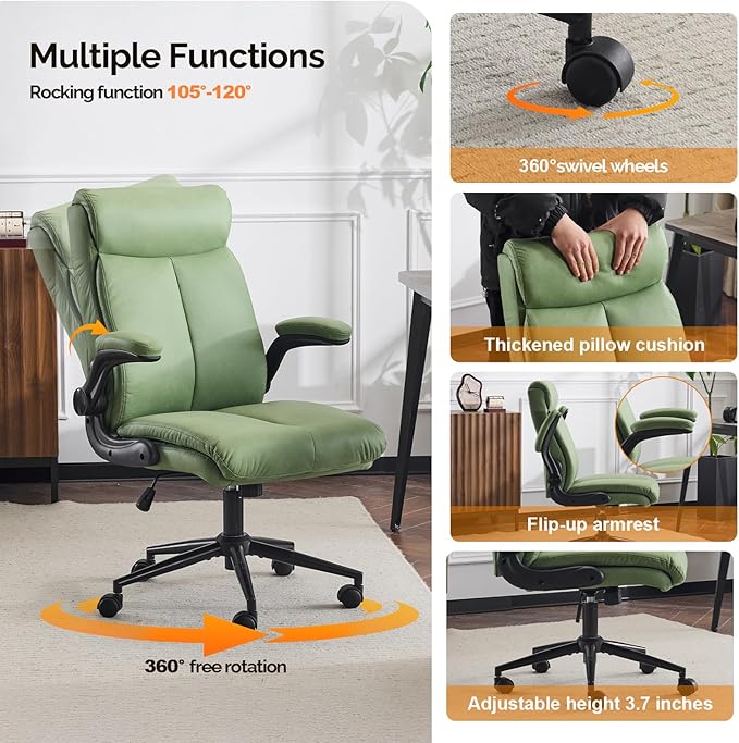 VINGLI Rolling Ergonomic Office Desk Chair with Padded Flip-up Arms, 360° Swivel High Back Executive Computer Task Chair with Wheels for Game,Home Small Space, Study Room, Reading Room,Pu Green