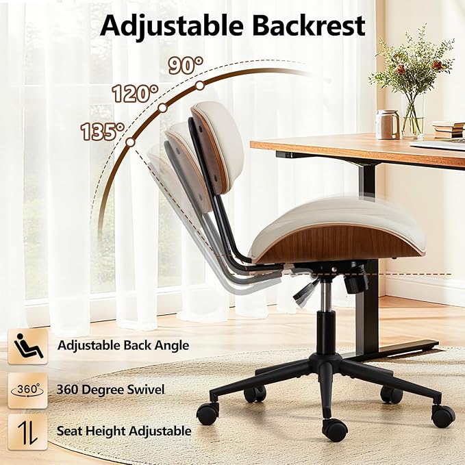Home Office Chair with Wheels, Adjustable Height Desk Chair Leather Swivel Computer Chair, Armless Modern Walnut Chair for Office, Meeting Room, White