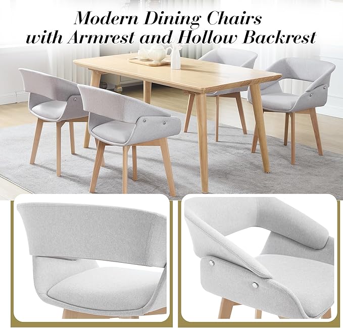 Home Office Desk Chair No Wheels, Upholstered Linen Fabric Modern Accent Side Armchair with Wood Legs Hollow-Out Back, for Vanity Living Dining Room Bedroom, 1PC & Grey