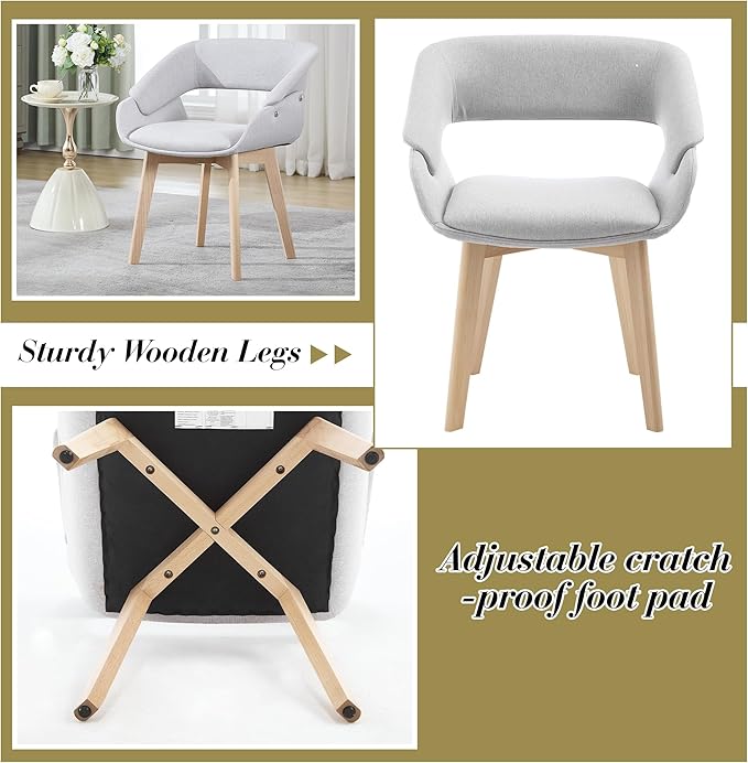Home Office Desk Chair No Wheels, Upholstered Linen Fabric Modern Accent Side Armchair with Wood Legs Hollow-Out Back, for Vanity Living Dining Room Bedroom, 1PC & Grey