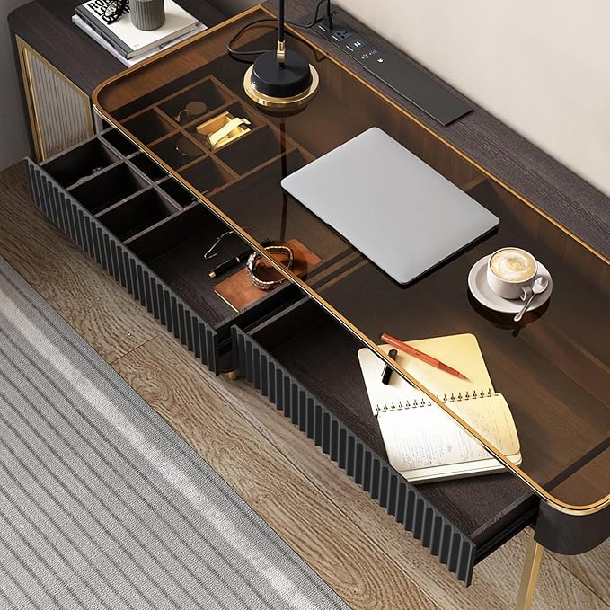 Lartis Office Desk, Very Easy to Assemble, Computer Desk, Home Telescopic Writing Desk, Modern Computer Desk with Retractable Cabinet Built-in LED Lights (Black Brown, 50 in)