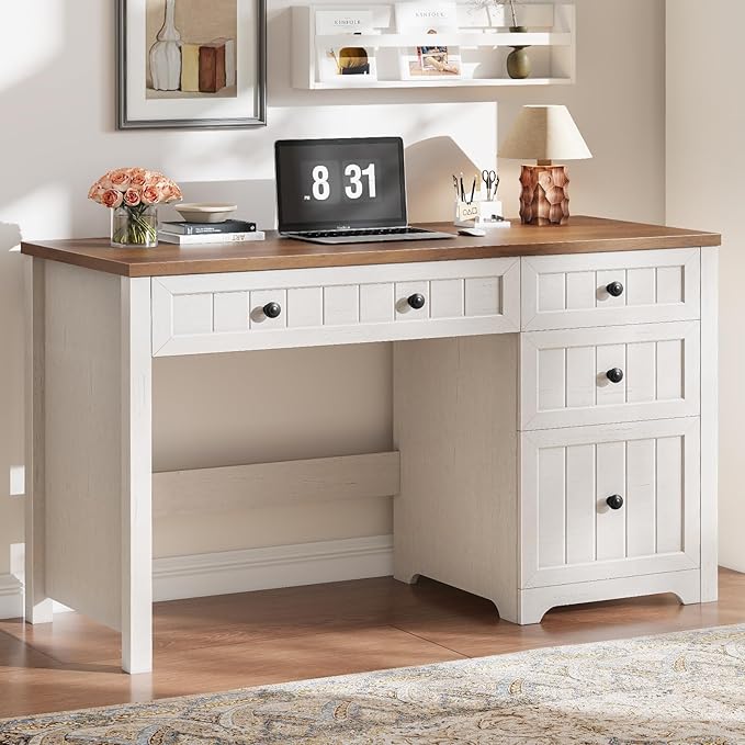 Vabches Farmhouse Executive Desk with Drawers, Home Office Desk with Storage Cabinet and File Drawer, Wood Computer Desk with Storage, Rustic Office Desk for Work Study Writing, Brown White