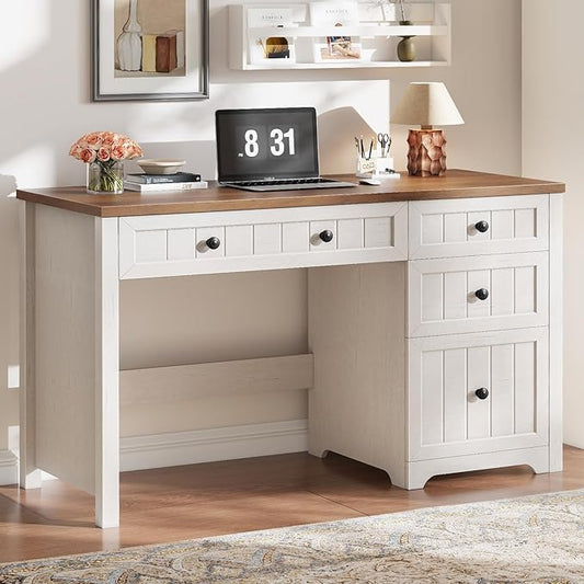 Vabches Farmhouse Executive Desk with Drawers, Home Office Desk with Storage Cabinet and File Drawer, Wood Computer Desk with Storage, Rustic Office Desk for Work Study Writing, Brown White