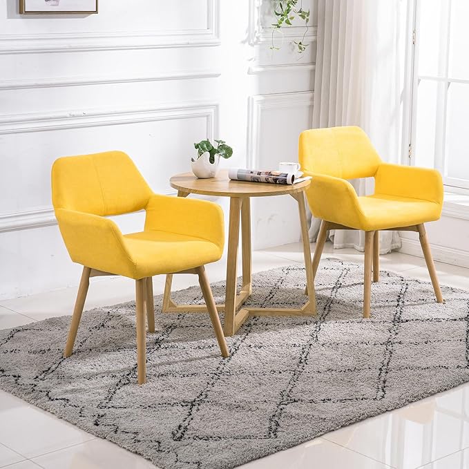 Mid Century Modern Dining Chairs Set of 2 & 4 & 6 Comfy Accent Chair Upholstered Kitchen Dining Living Room Chairs for Bedrooms Waiting Room Home Arm Desk Chair No Wheels (Yellow, 2)