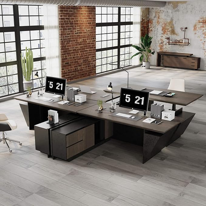 86.61IN Modern Executive Desk - Adjustable Height L-Shaped Executive Desk with Drawers & File Cabinet, Black Luxury Home Office Desk, Standing Desk Business Workstation with Universal Charging Ports