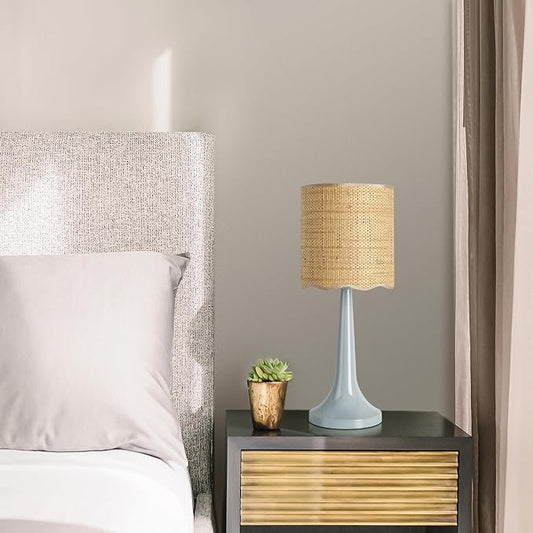 Light Blue Rattan Small Table Lamp for Bedroom, Light Blue Wicker Lamps for Bedside Nightstand, Rattan Shade Small Table Shape Lamps for Small Spaces for Kitchen Counter, Home Office, Living Room