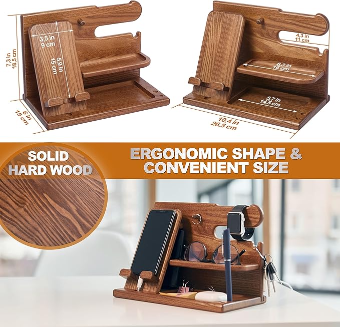 TESLYAR Wood Phone Docking Station for Men - Desk or Nightstand Organizer - Birthday Gifts for Husband or Dad - Anniversary Idea from Wife - Key Holder, Stand Wallet, Watch & Essentials (Earth Beige)