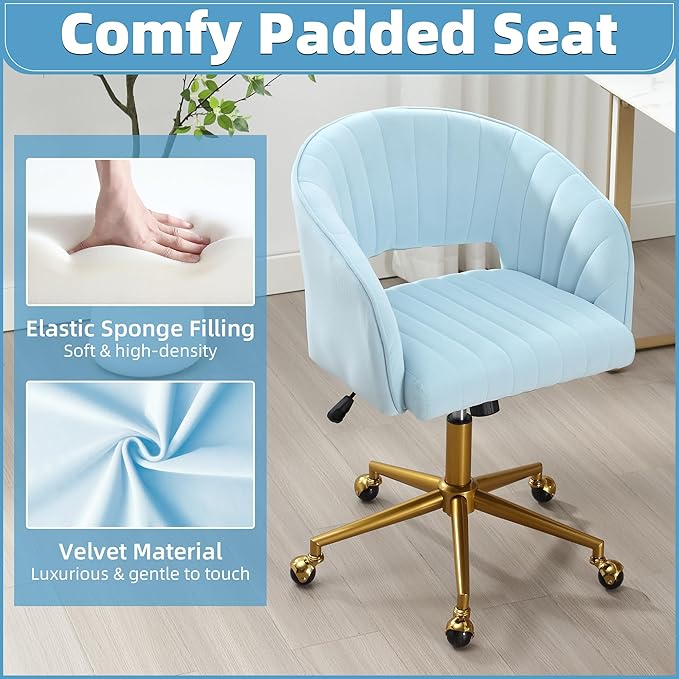 ABET Desk Chair with Wheels, Velvet Home Office Chair, Swivel Armchair Gold Base, Upholstered Modern Accent Chairs, Back Incline Adjustable for Living Room Bedroom Vanity, Light Blue