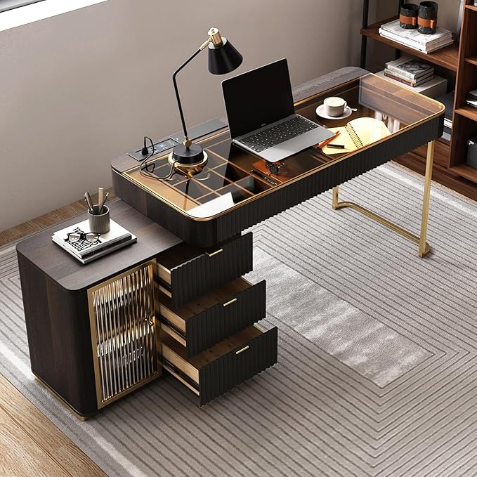 Lartis Office Desk, Very Easy to Assemble, Computer Desk, Home Telescopic Writing Desk, Modern Computer Desk with Retractable Cabinet Built-in LED Lights (Black Brown, 50 in)