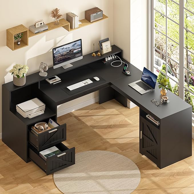 63" Farmhouse L Shaped Desk with Drawers & Storage Shelf, Corner Computer Desk with Power Outlets for Home Office, Executive Desk with Monitor Stand, Printer Shelf, Black