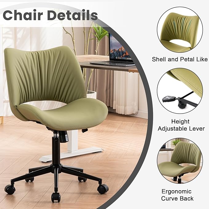Rowill Armless Office Desk Chair, Ergonomic PU Leather Modern Task Chair with Back Adjustable Height, 360° Swivel Vanity Chairs with Wheels for Small Space, Home Office, Bedroom, Avocado Green