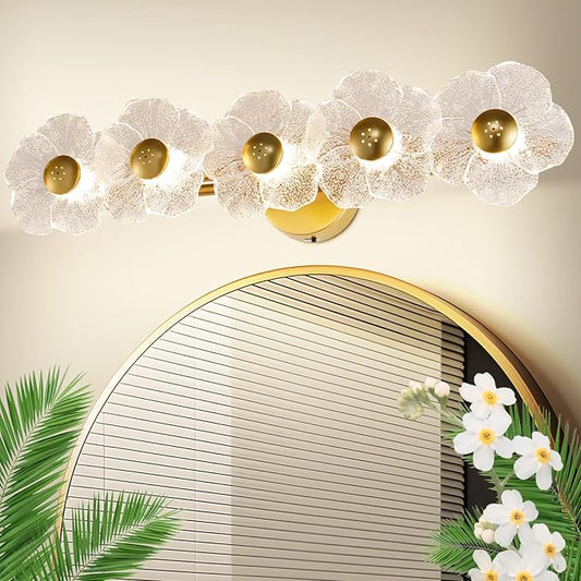 Vintage Bathroom Light Fixtures 5 Light Modern Vanity Lights with Floral Clear Glass,3-Color Temperature Picture Light Led Wall Lights Wireless Wall Sconces for Decor,Bathroom,Hallway (Gold)