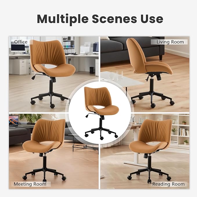 Rowill Armless Office Desk Chair, Ergonomic PU Leather Modern Task Chair with Back Adjustable Height, 360° Swivel Vanity Chairs with Wheels for Small Space, Home Office, Bedroom, Mustard Yellow