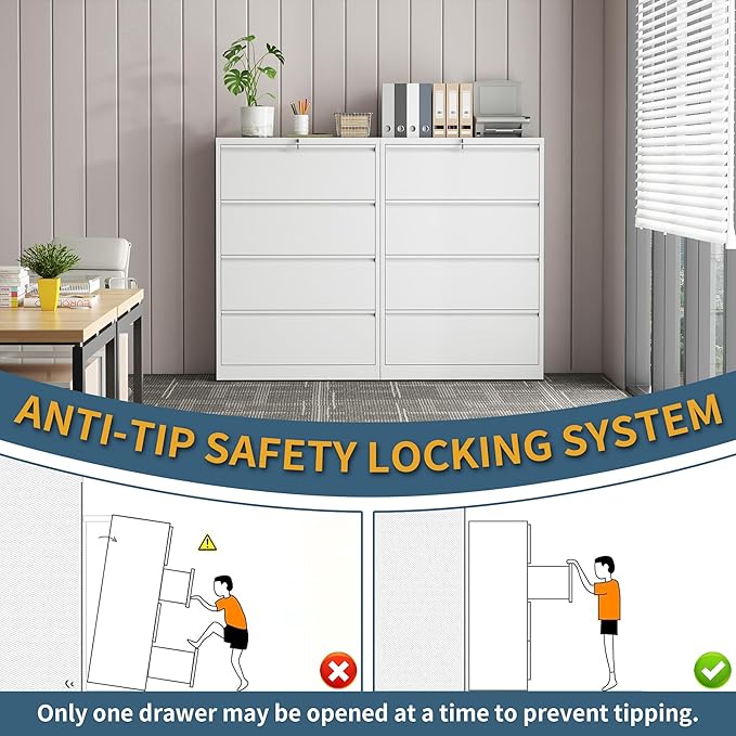 4 Drawer File Cabinet with Lock, Lateral Filing Cabinets,Metal Storage Filing Cabinets for Home Office, Heavy Duty File Cabinet for Letter/Legal/A4/F4 Size Amssebly Required, White