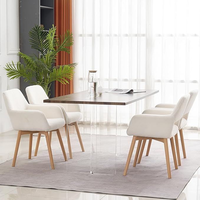 Mid Century Modern Dining Chairs Set of 6 & 4 & 2 Comfy Accent Chair Upholstered Kitchen Dining Living Room Chairs for Bedrooms Waiting Room Home Arm Desk Chair No Wheels (Wool White, 6)