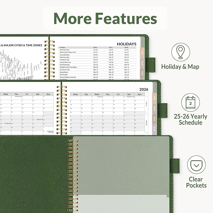 SUNEE 2026 Weekly & Monthly Planner 9"x11.2"- 12 Month (January 2026 - December 2026), Vegan Leather Cover, Pocket, Bookmark, Notes, Monthly Tab, Deep Green