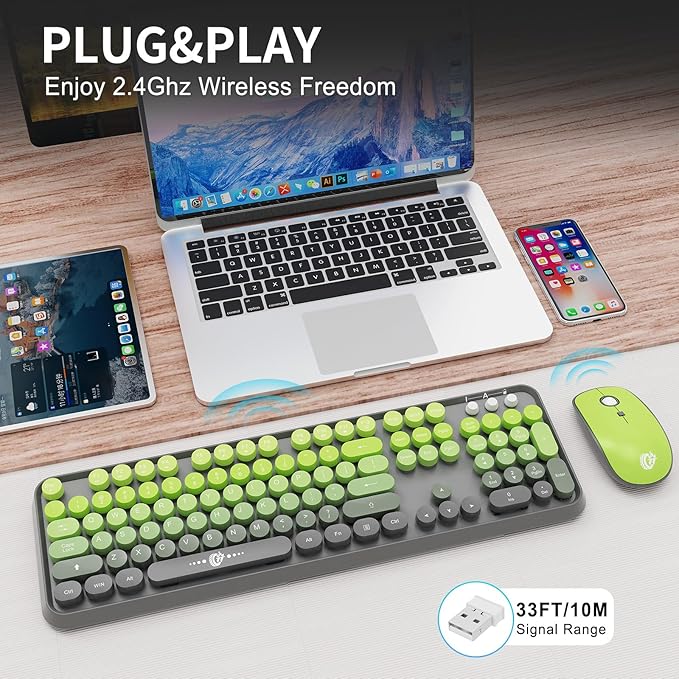 Wireless Keyboard and Mouse Combo | Cute Colorful Keyboard and Mouse with 2.4GHz Cordless Retro Typewriter Keyboard | Auto-Sleep | USB Receiver for Windows PC/Laptop - Grey Green Gradient