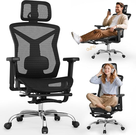 Ergonomic Office Chair with Foot Rest, Home Mesh Desk Chair with Adjustable Lumbar Support, 3D Armrest, 3D Headrest, 90°-135° Lockable Reclining Function, Comfy High Back Swivel Computer Gaming Chairs