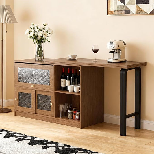 55.51" Multi-Purpose Rotating Writing Desk with Storage Shelves, Space-Saving Home Office Desk or Dining Room Sideboard Cabinet, Walnut, L-Shaped or Straight with Sliding Cabinet Doors