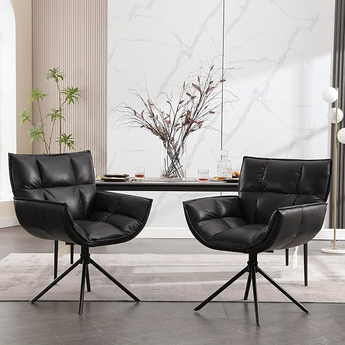 Desk Chair No Wheels, 360° Swivel Mid Century Modern Desk Chairs, Upholstered Faux Leather Swivel Accent Chair with Arms, Criss Cross Office Chair Without Wheels(Black, x1)