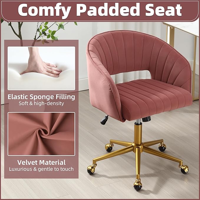 ABET Desk Chair with Wheels, Velvet Home Office Chair, Swivel Armchair Gold Base, Upholstered Modern Accent Chairs, Back Incline Adjustable for Living Room Bedroom Vanity, Bean Paste Red