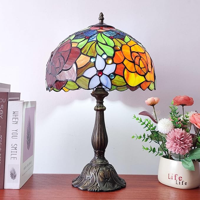 Tiffany Style Table Lamp Rose Flower Pattern Stained Glass Lamp 12X12X19 Inch 3-Way Antique Light for Nightstand Bedroom Living Room Home Office
