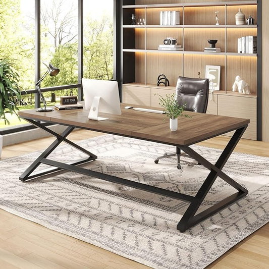IBF Wood Large Computer Desk, 70.8” Long Home Office Desk for Two Person, Farmhouse Work Study Writing Table in Bedroom, Simple Wide Metal Executive Double PC Gaming Workstation, Rustic Oak