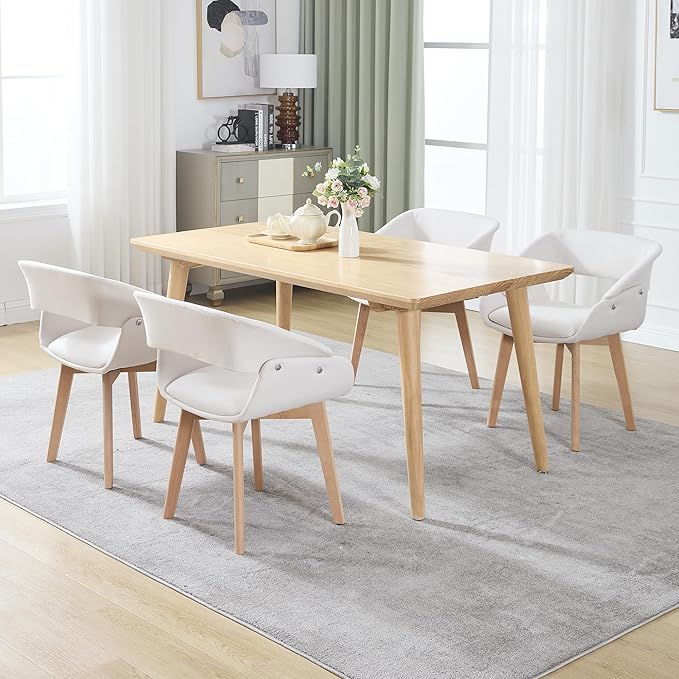 Home Office Desk Chair No Wheels Set of 6, Upholstered Linen Fabric Modern Accent Side Armchair with Wood Legs Hollow-Out Back, for Vanity Living Dining Room Bedroom, Beige