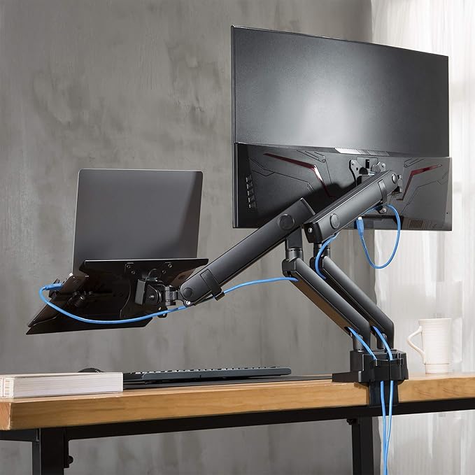 AVLT Laptop and Monitor Arm - Mount 15.6" Notebook and 38" Monitor on 2 Full Motion Adjustable Arms - Organize Your Work Surface with Ergonomic VESA Monitor Mount