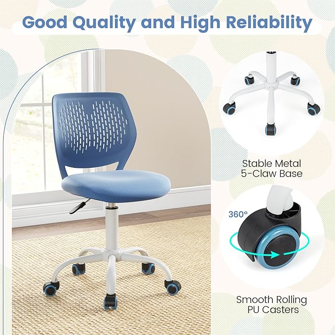 POWERSTONE Small Home Office Desk Chair, Swivel Rolling Study Computer Chair, Adjustable Height Task Chair with Armless Mid Back, Upholstered Mesh Seat, Blue