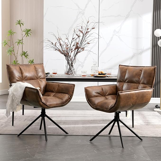 Desk Chair No Wheels, 360° Swivel Mid Century Modern Desk Chairs, Upholstered Faux Leather Swivel Accent Chair with Arms, Criss Cross Office Chair Without Wheels(Dark Brown, x1)