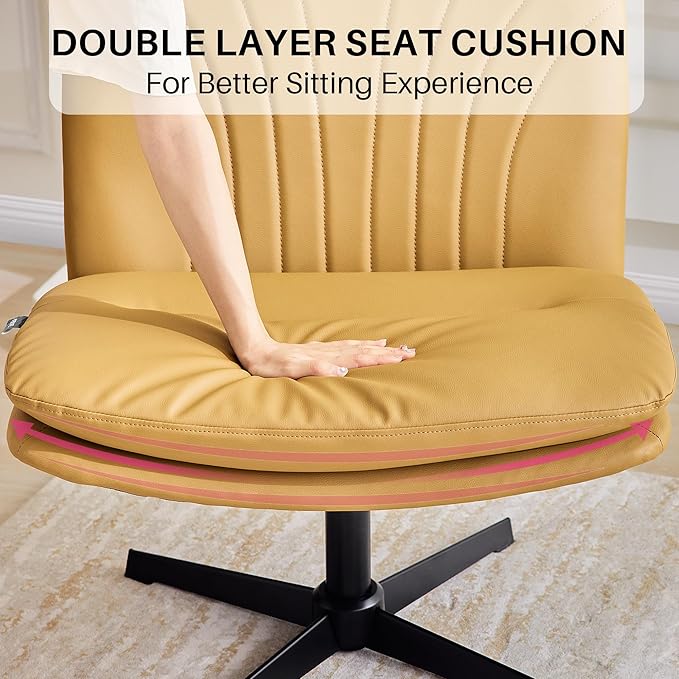 Redlife Leather Swivel Desk Chair Cross Legged Office Chair Wide Accent Chairs Height Adjustable Criss Cross Chairs, Wrapped Double Cushion, for Living Room Bedroom Reading Room (Brown)