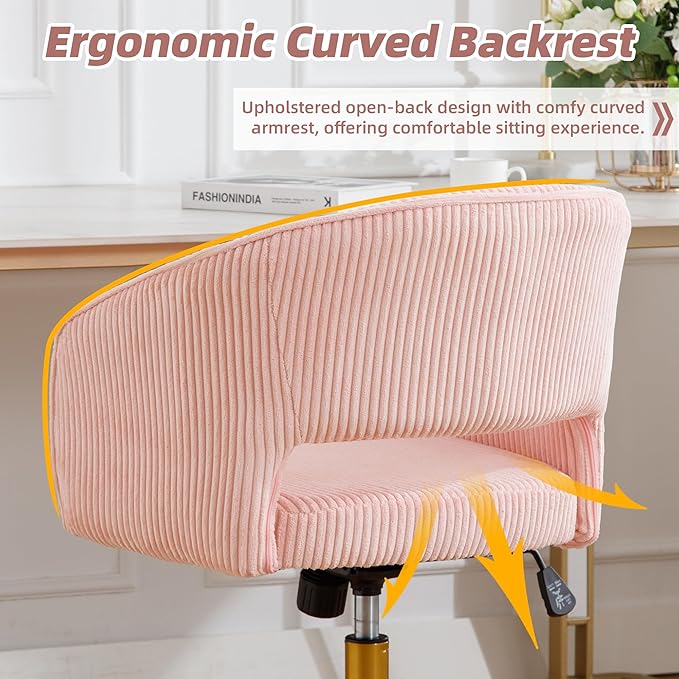 ABET Desk Chair with Wheels, Corduroy Home Office Chair, Swivel Armchair Gold Base, Upholstered Modern Accent Chairs, Back Incline Adjustable for Living Room Bedroom Vanity, Pink