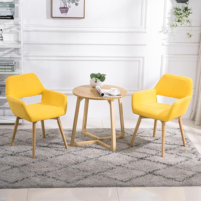 Mid Century Modern Dining Chairs Set of 2 & 4 & 6 Comfy Accent Chair Upholstered Kitchen Dining Living Room Chairs for Bedrooms Waiting Room Home Arm Desk Chair No Wheels (Yellow, 2)