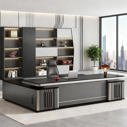 Modern Executive Desk, L Shaped Executive Office Desk with Drawers, Manufactured Wood Computer with Storage Aluminum Alloy Inlaid Curved Surface, Management Working Table (E - Right, L 220cm/86.6in)