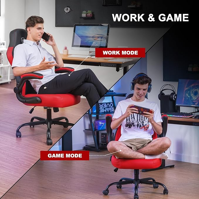 GTPLAYER Video Gaming Chair, Ergonomic Computer Gaming Chair with Flip-Up Armrests and Adjustable Height, Comfortable Desk Chairs with Built-in Lumbar Support, Recliner with 360°Swivel (Oil Red)