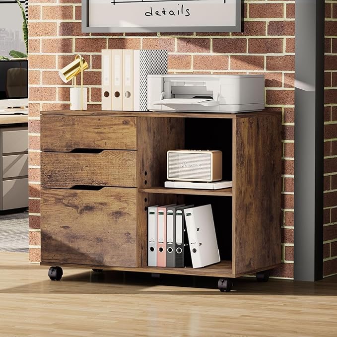 File Cabinet with 3 Drawers, Mobile Lateral Filing Cabinet with Open Storage Shelves for Home Office Under Desk Storage, Brown