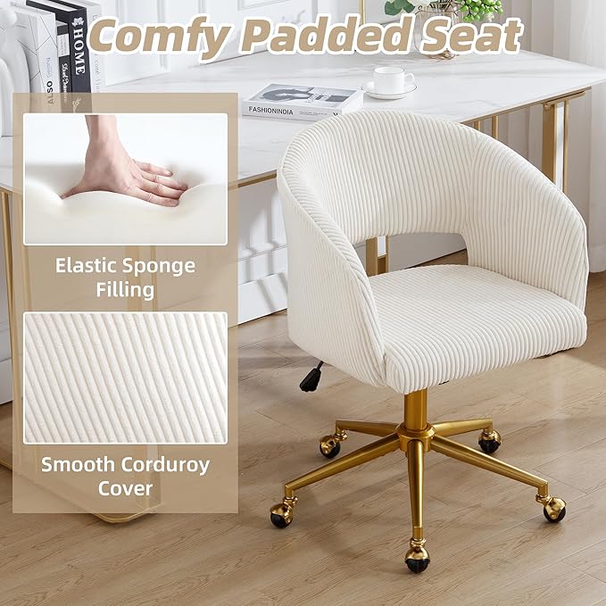 ABET Desk Chair with Wheels, Corduroy Home Office Chair, Swivel Armchair Gold Base, Upholstered Modern Accent Chairs, Back Incline Adjustable for Living Room Bedroom Vanity, Beige