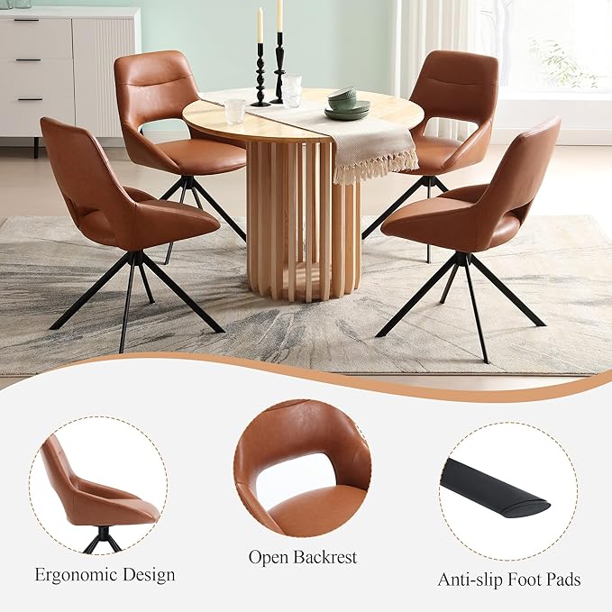 Mid Century Modern Desk Chair No Wheels Set of 1, Faux Leather Swivel Dining Chair with Metal Legs, Swivel Accent Chair Armchair for Small Spaces, Home Office, Living Room, Bedroom, Browm