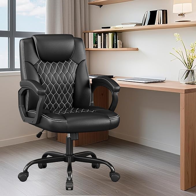 Misolant Office Chair, Executive Desk Chair, PU Leather Comfortable Executive Chairs with Fixed Armrest, Adjustable Height, Rocking Function, 360° Swivel Wheels, Black
