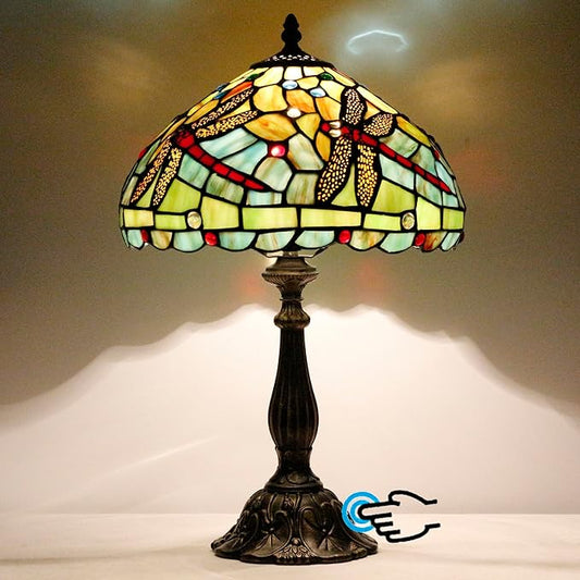 Tiffany Lamp Touch Control Table Lamp Red Stained Glass Desk Lamp 12X12X19 Inches Dragonfly Style Reading Light
