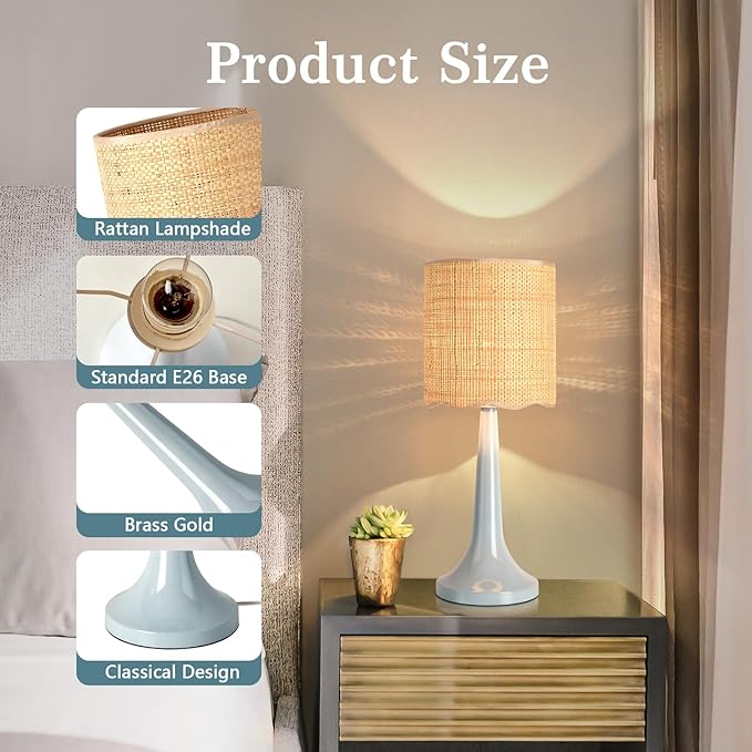 Light Blue Rattan Small Table Lamp for Bedroom, Light Blue Wicker Lamps for Bedside Nightstand, Rattan Shade Small Table Shape Lamps for Small Spaces for Kitchen Counter, Home Office, Living Room