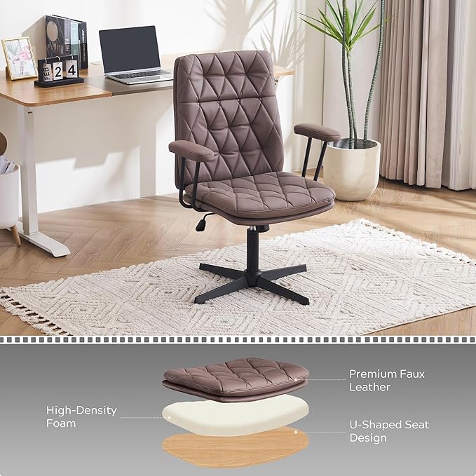 Criss Cross Chair with Arms Home Office Desk Chair No Wheels Adjustable Thick Cushioned Swivel Accent Makeup Chair Brown