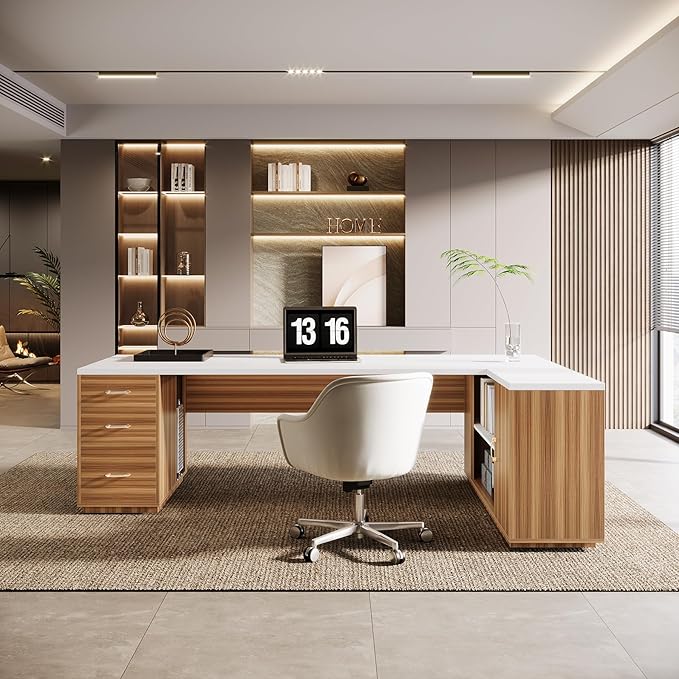 Tribesigns 85.8-Inch L-Shaped Executive Office Desk with File Drawers & Storage Cabinet, Professional Corner Computer Desk Extra Large Business Workstation with Adjustable Shelves (White&Walnut)