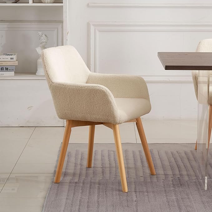 Desk Chair No Wheels Vanity Chair Comfy Accent Chair for Living Dining Room Bedroom Home Office Mid Century Modern Upholstered Armchair Sofa Chair (Wool Light Khaki, 1)