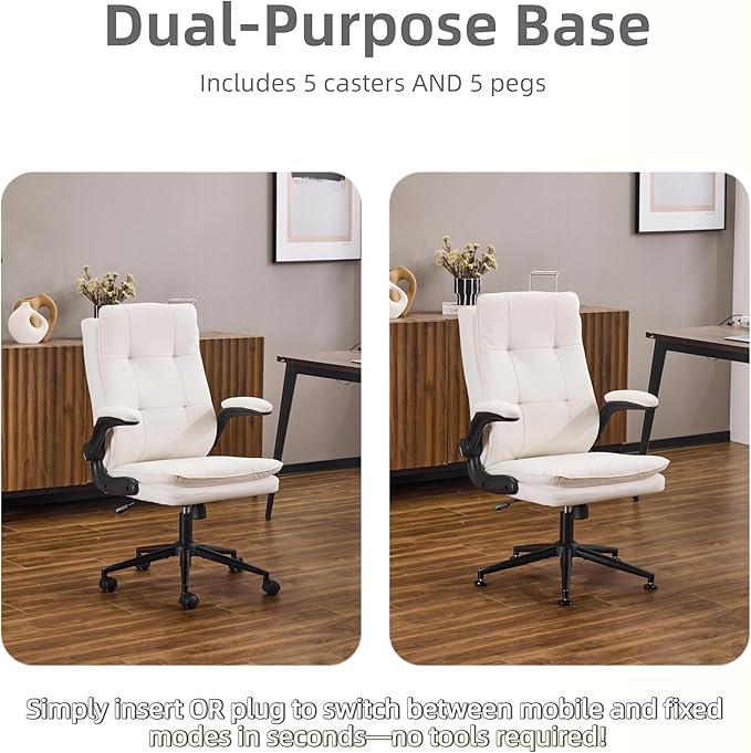 VINGLI Comfy White Leather Office Desk Chair, High-Back Support Ergonomic Computer Task Gaming Chair,with Removable wheels,360° Swivel,Adjustable Height,Flip-Up Arms,for Adults,Teen,Vanity,Home Office