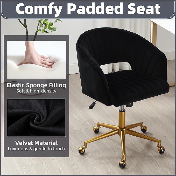 ABET Desk Chair with Wheels, Velvet Home Office Chair, Swivel Armchair Gold Base, Upholstered Modern Accent Chairs, Back Incline Adjustable for Living Room Bedroom Vanity, Black