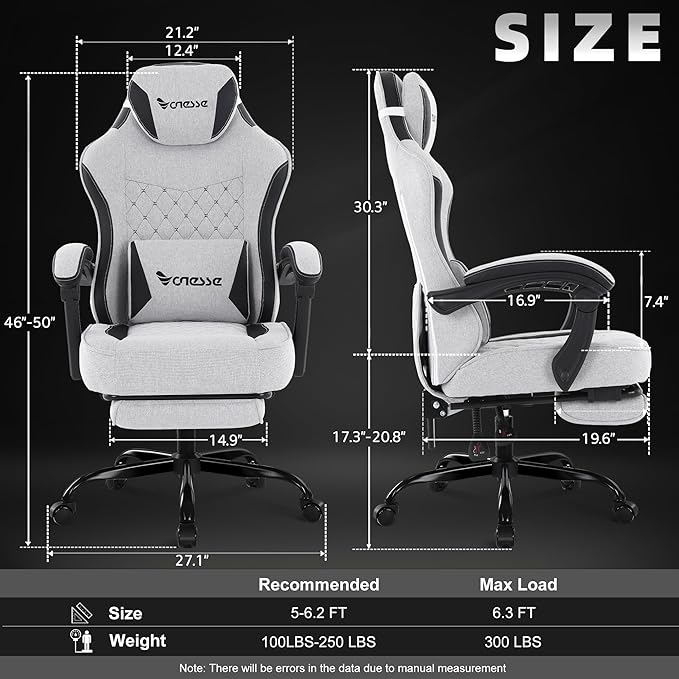 Vonesse Gaming Chair,Computer Chair Fabric with Pocket Spring Cushion,Office Chair with Footrest and Massage Lumbar Support,Reclining Gaming Chairs for Adults 250LBS (Light Gray)