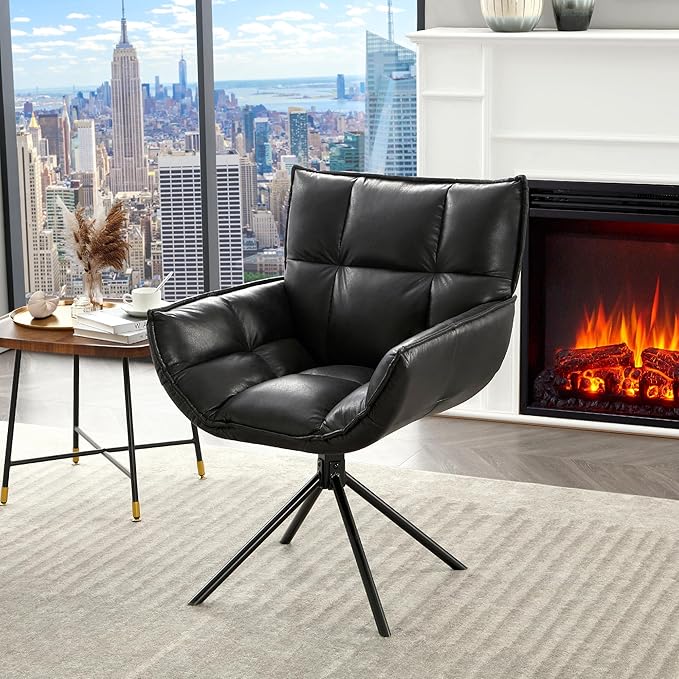 Desk Chair No Wheels, 360° Swivel Mid Century Modern Desk Chairs, Upholstered Faux Leather Swivel Accent Chair with Arms, Criss Cross Office Chair Without Wheels(Black, x1)
